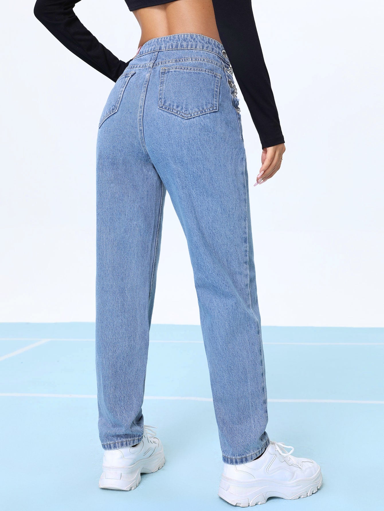 Chain Lace Up Side Straight Jeans