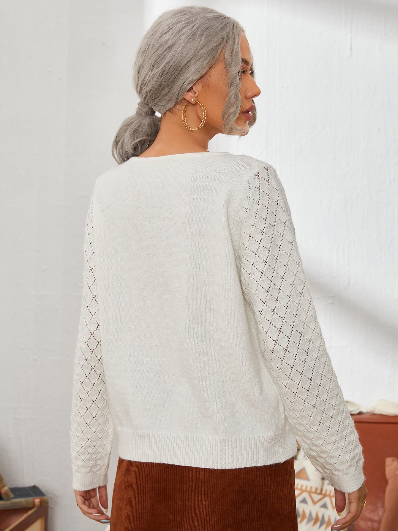 Pointelle Knit Panel Solid Sweater