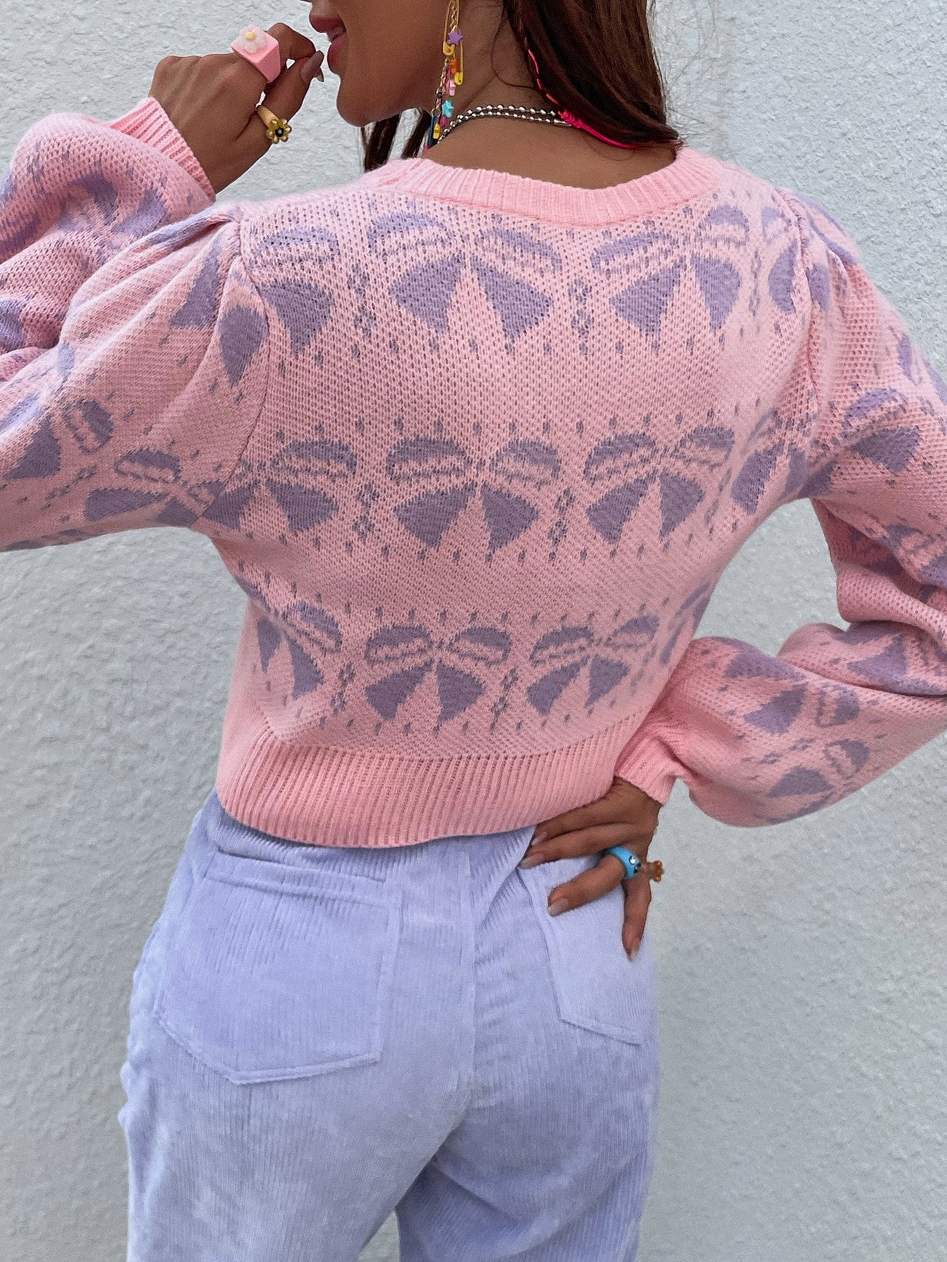 Lantern Sleeve Bow Pattern Sweater