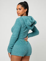 Zipper 3D Ear Patched Hoodie Flannel Romper