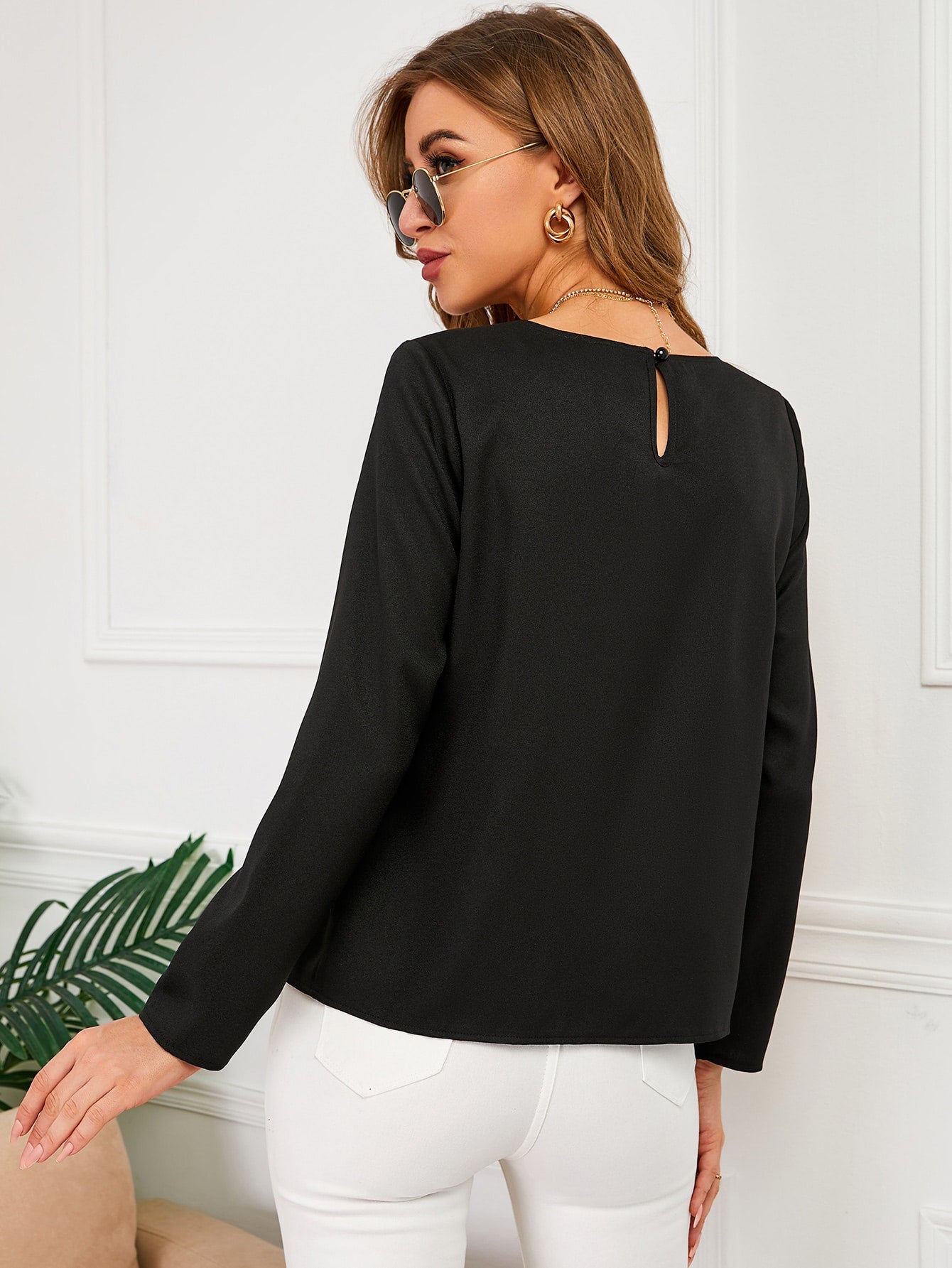Butterfly Print Contrast Mesh Blouse