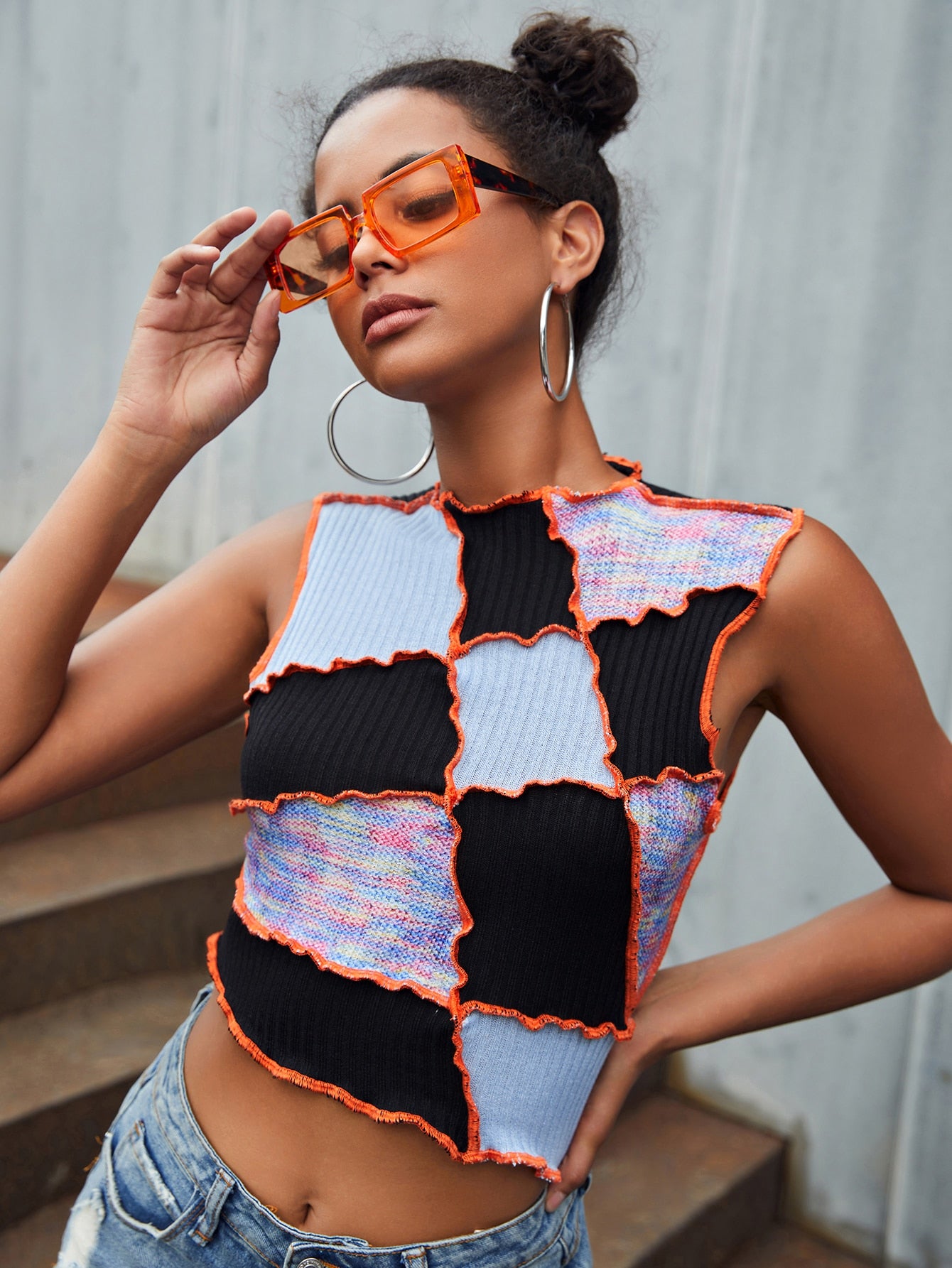Color Block Top-stitching Crop Tank Top