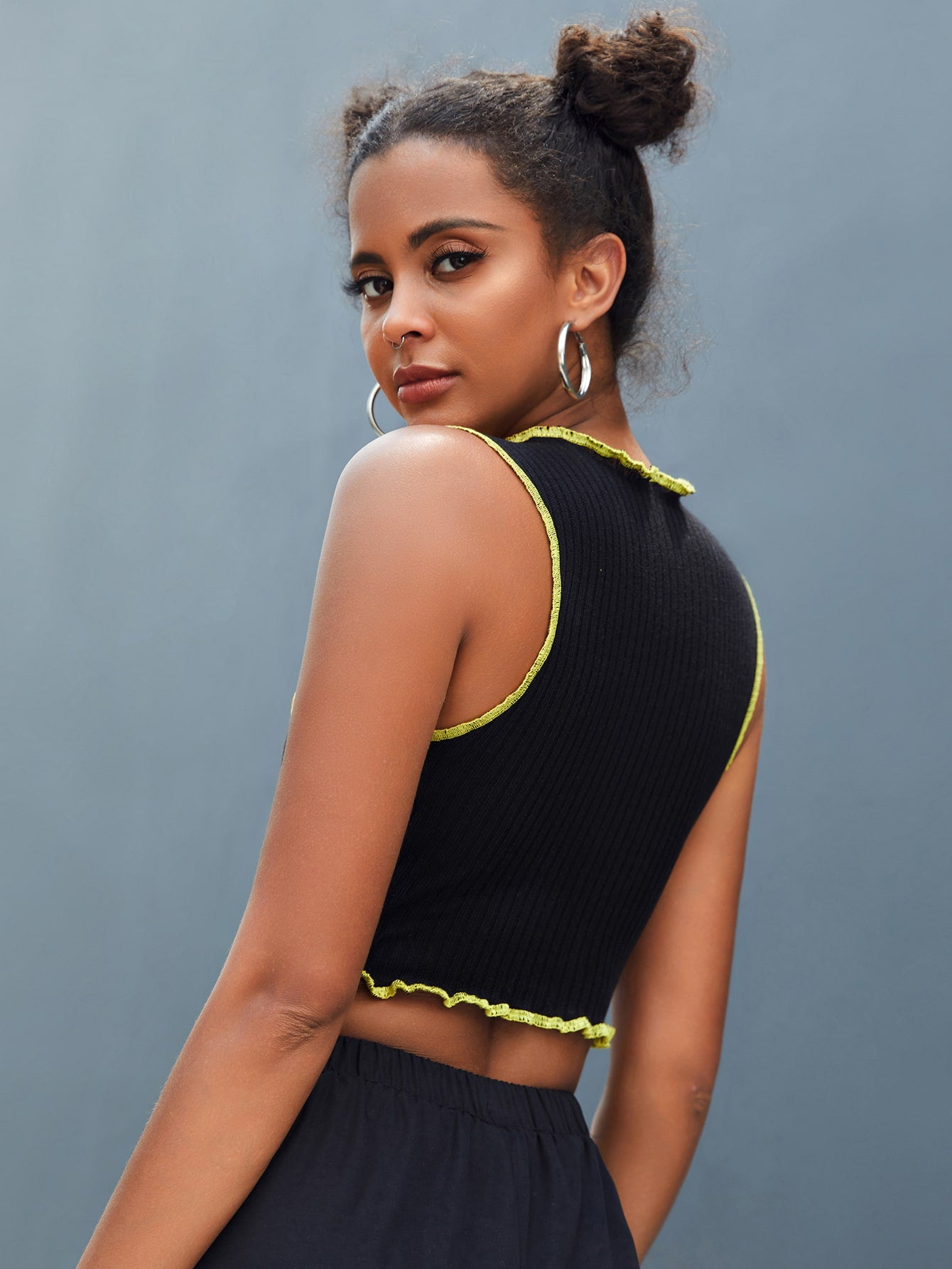 Colorblock Top-stitching Lettuce Trim Crop Tank Top