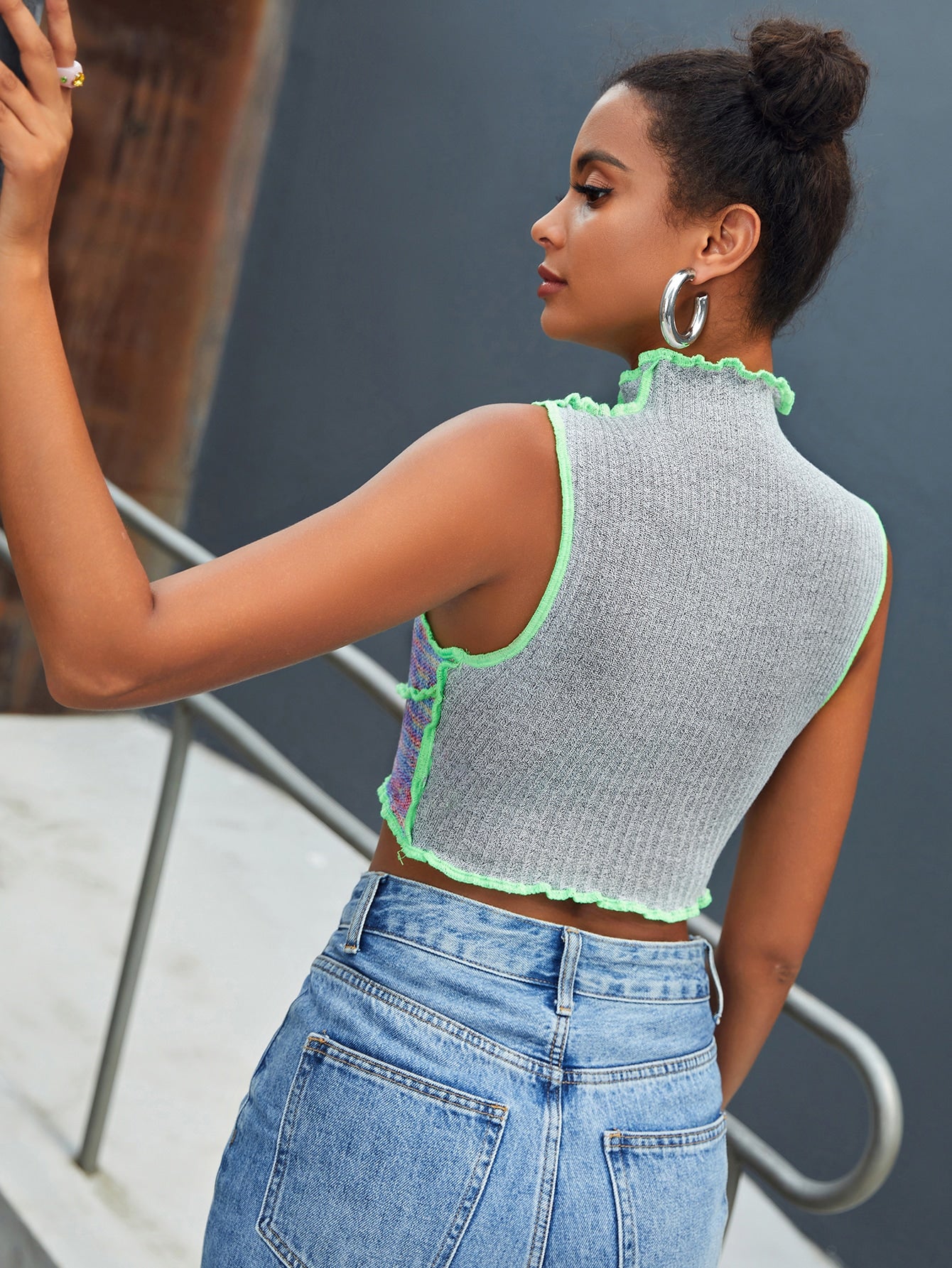 Space Dye Colorblock Lettuce Trim Crop Tank Top