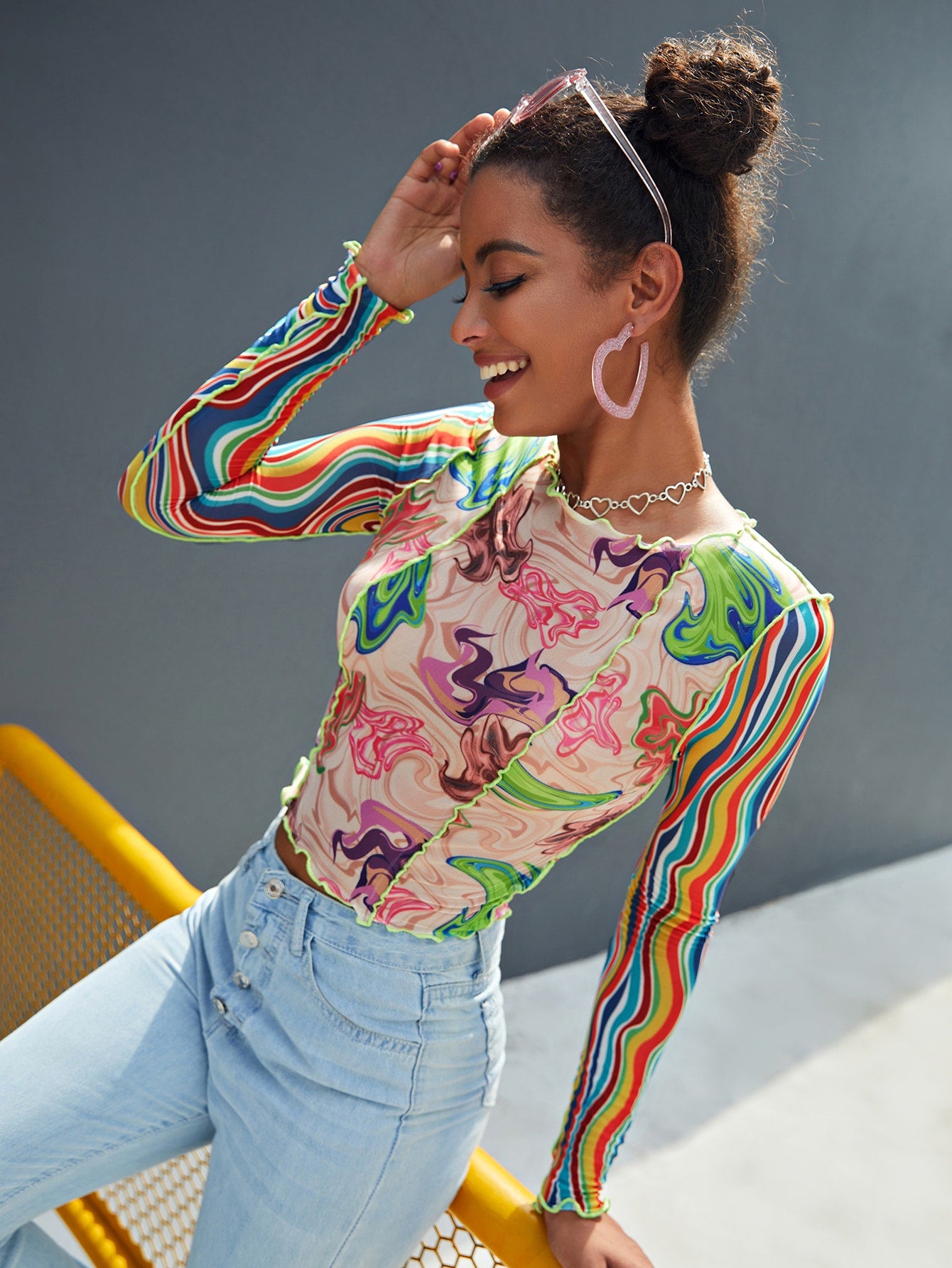 Allover Print Lettuce Trim Crop Mesh Top