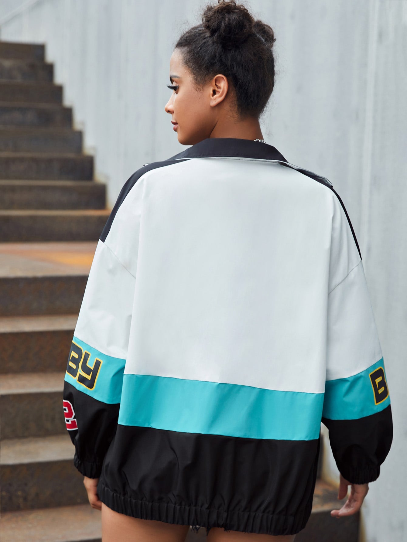 Letter Graphic Colorblock Drop Shoulder Jacket