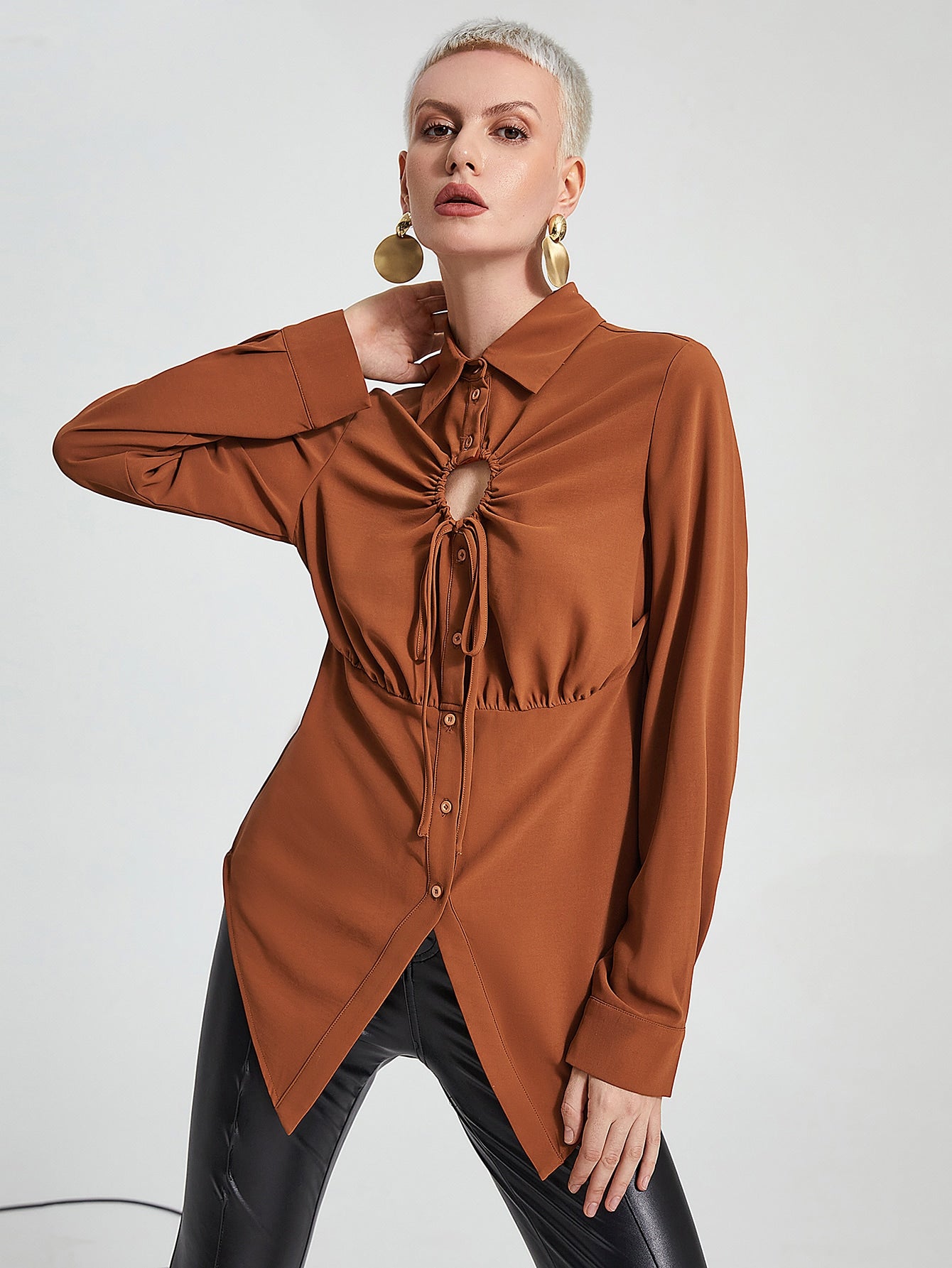 Drawstring Cutout Front Blouse
