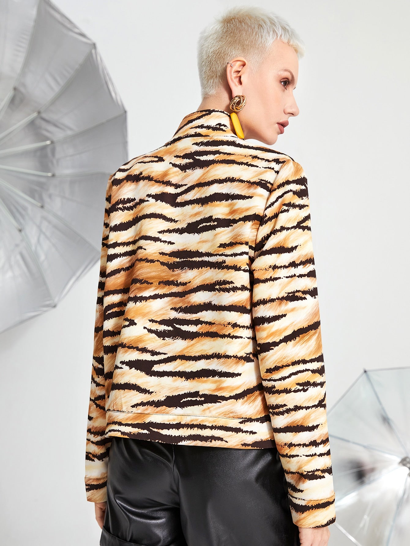 Tiger Striped Mock Neck Zip Up Jacket