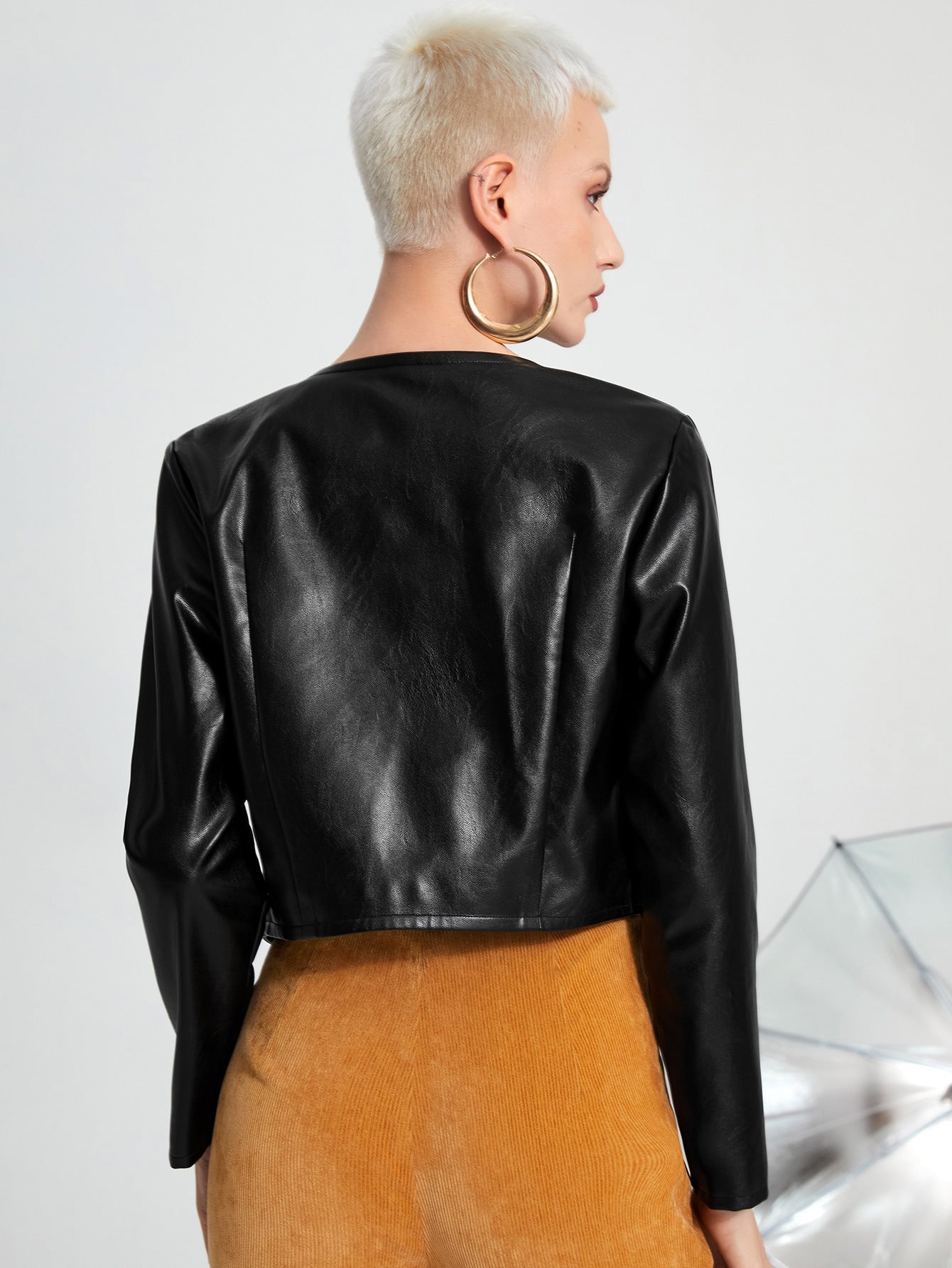 Solid Open Front PU Leather Jacket
