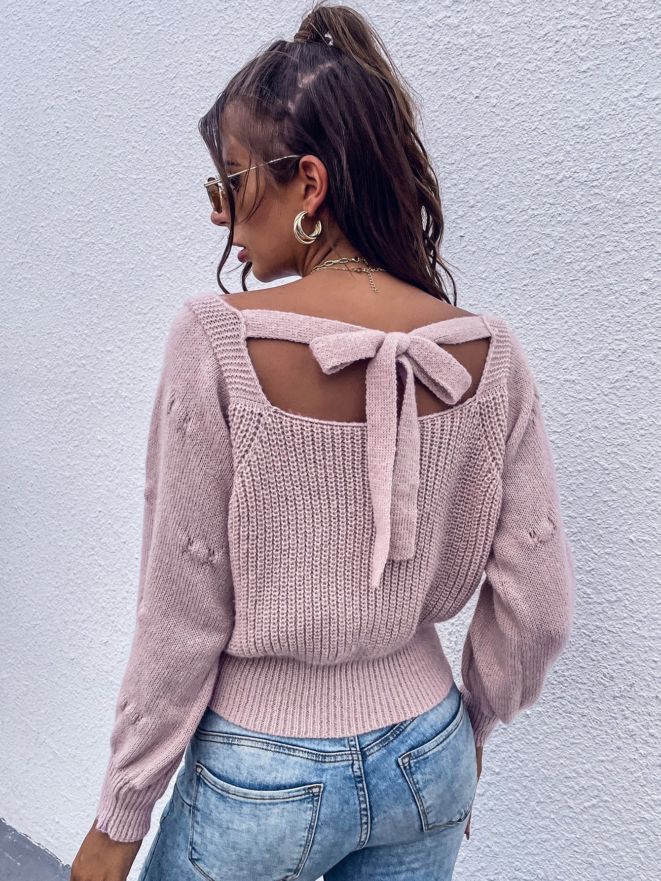 Scoop Neck Tie Back Popcorn Knit Sleeve Sweater
