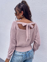 Scoop Neck Tie Back Popcorn Knit Sleeve Sweater