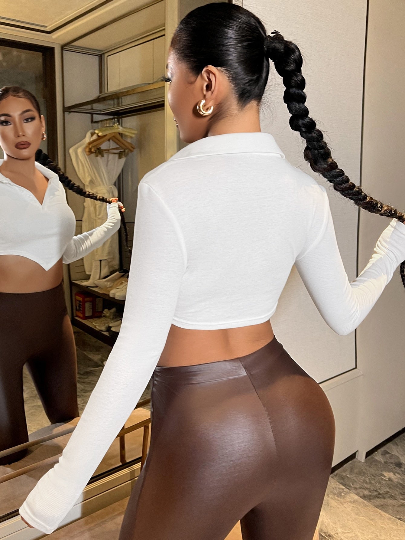 Solid Half Button Crop Tee