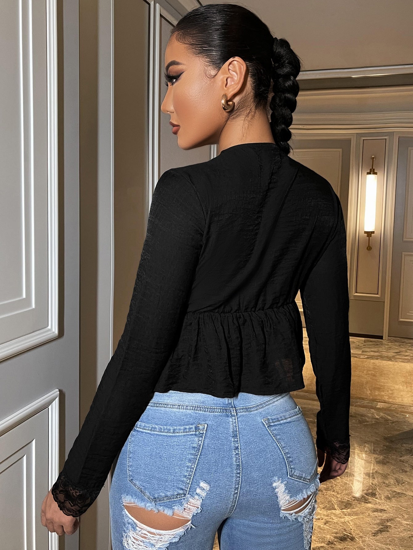 Solid Contrast Lace Blouse