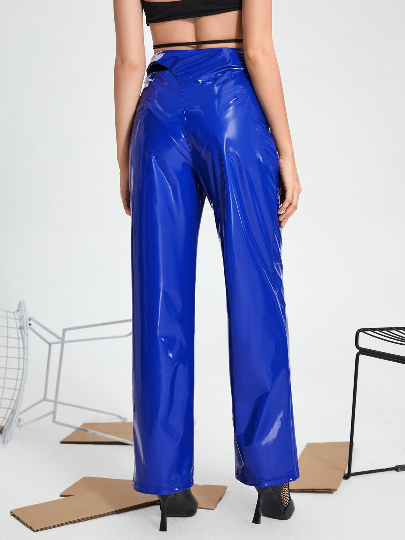 Solid High Waist Buckled PU Leather Pants