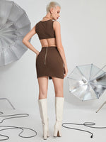 Ribbed Knit Cut Out Chain Tie Back Tank Top & Split Hem Bodycon Skirt
