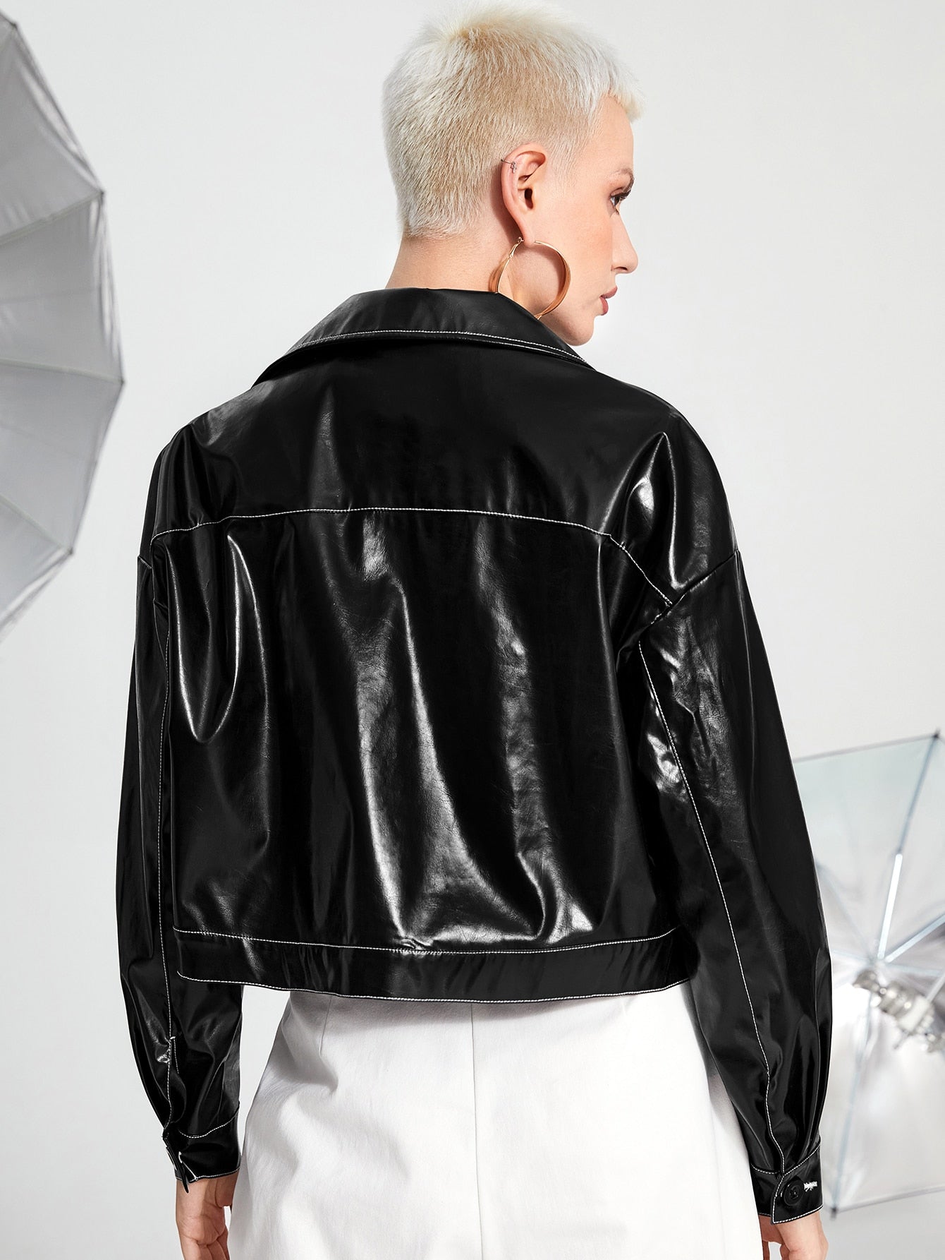 Drop Shoulder Flap Pocket PU Leather Jacket