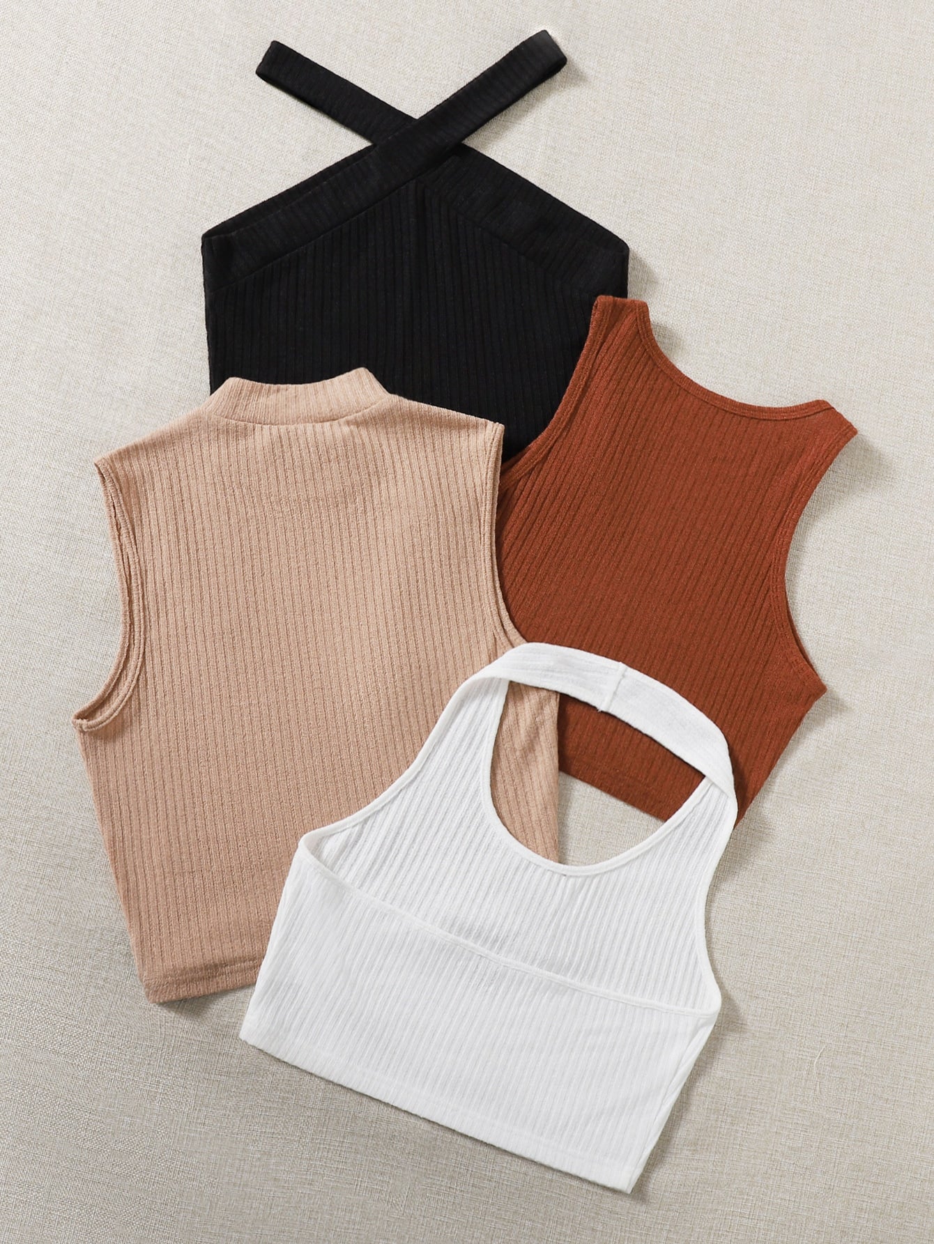 4pcs Solid Ribbed Knit Top