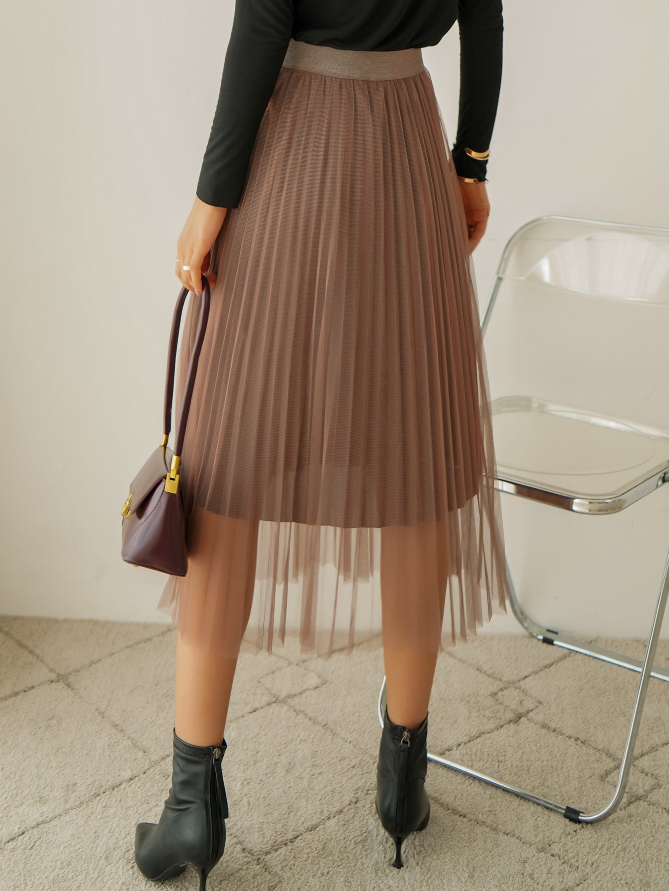 High Waist Mesh Overlay Pleated Skirt