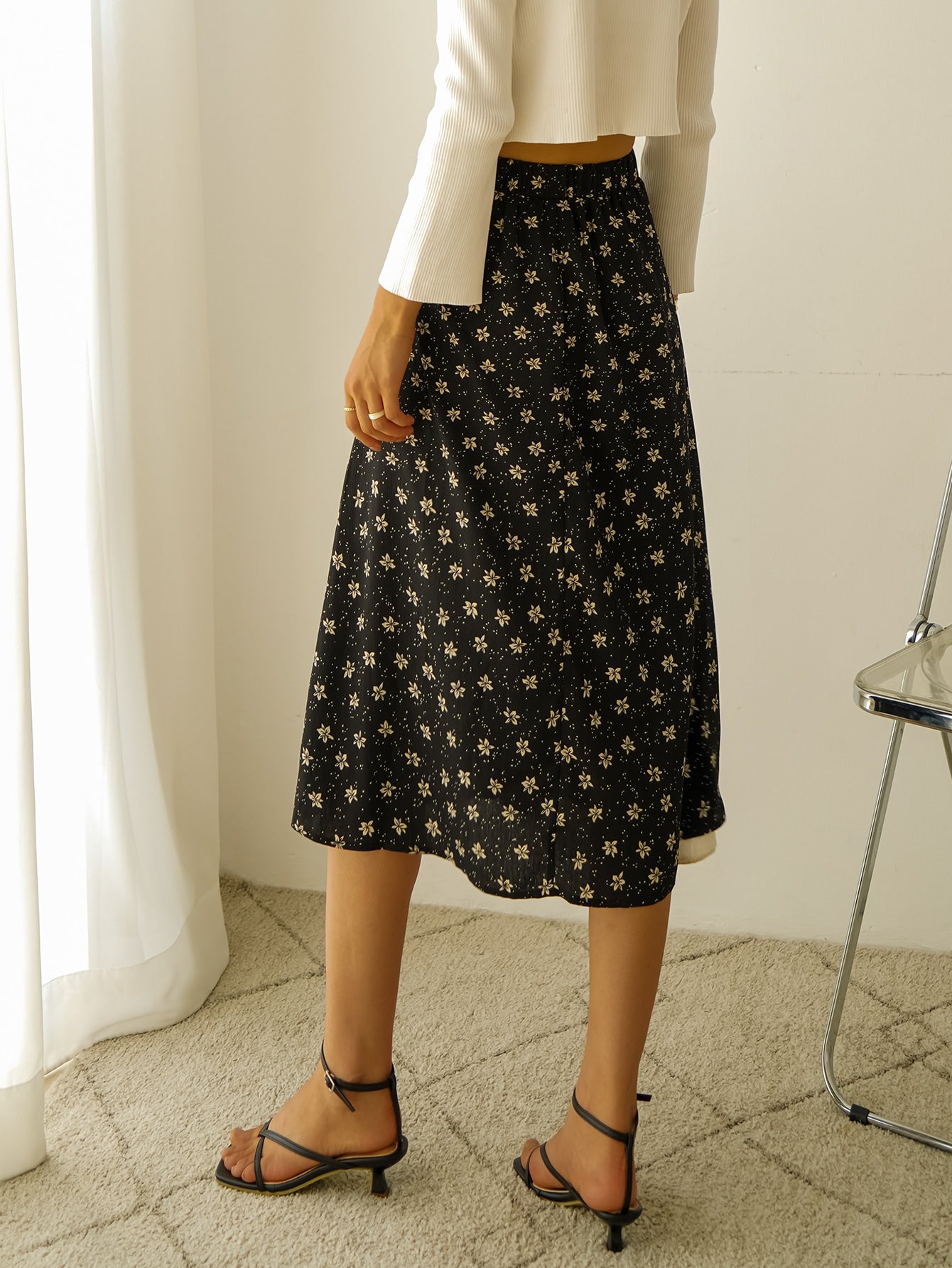High Waist Floral Print Single Breasted Skirt