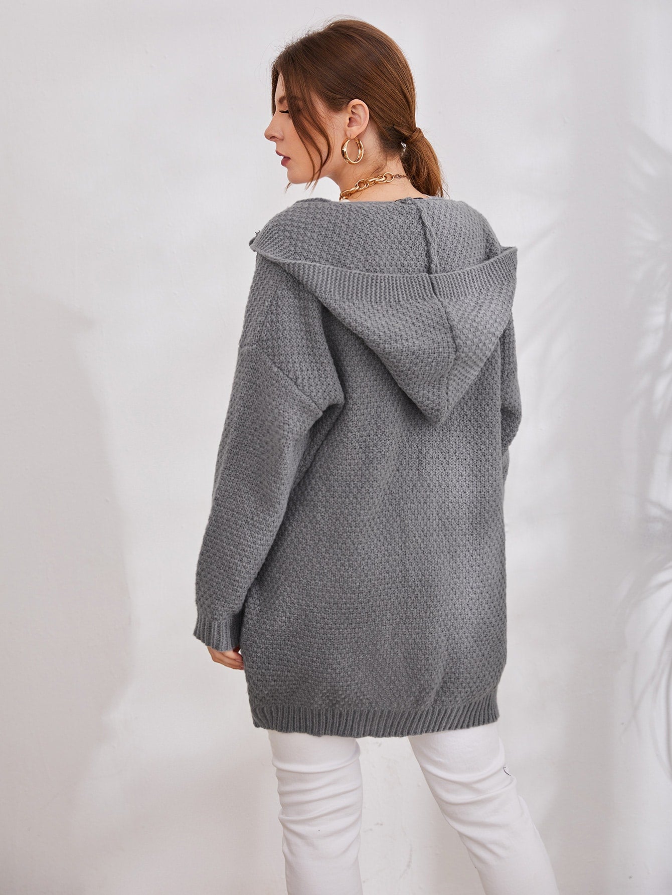Drop Shoulder Waffle Knit Hooded Cardigan