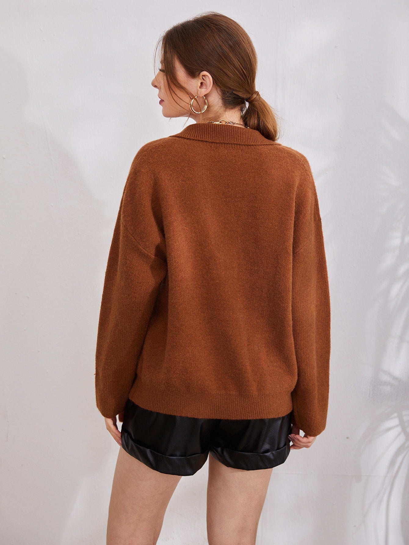 Solid Button Front Drop Shoulder Sweater