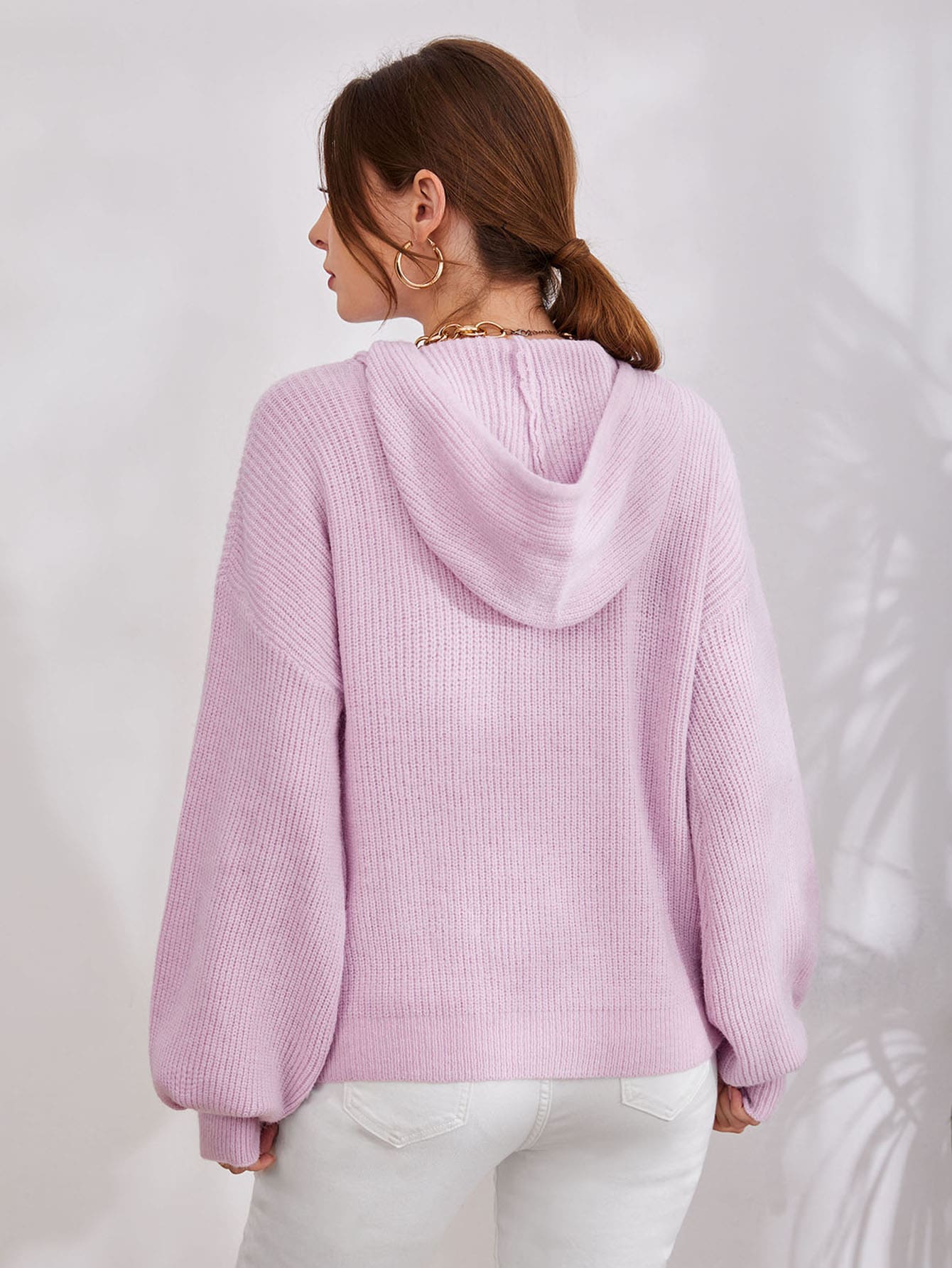 Drawstring Bishop Sleeve Hooded Sweater