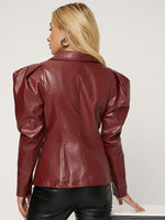 Gigot Sleeve Zipper PU Leather Jacket