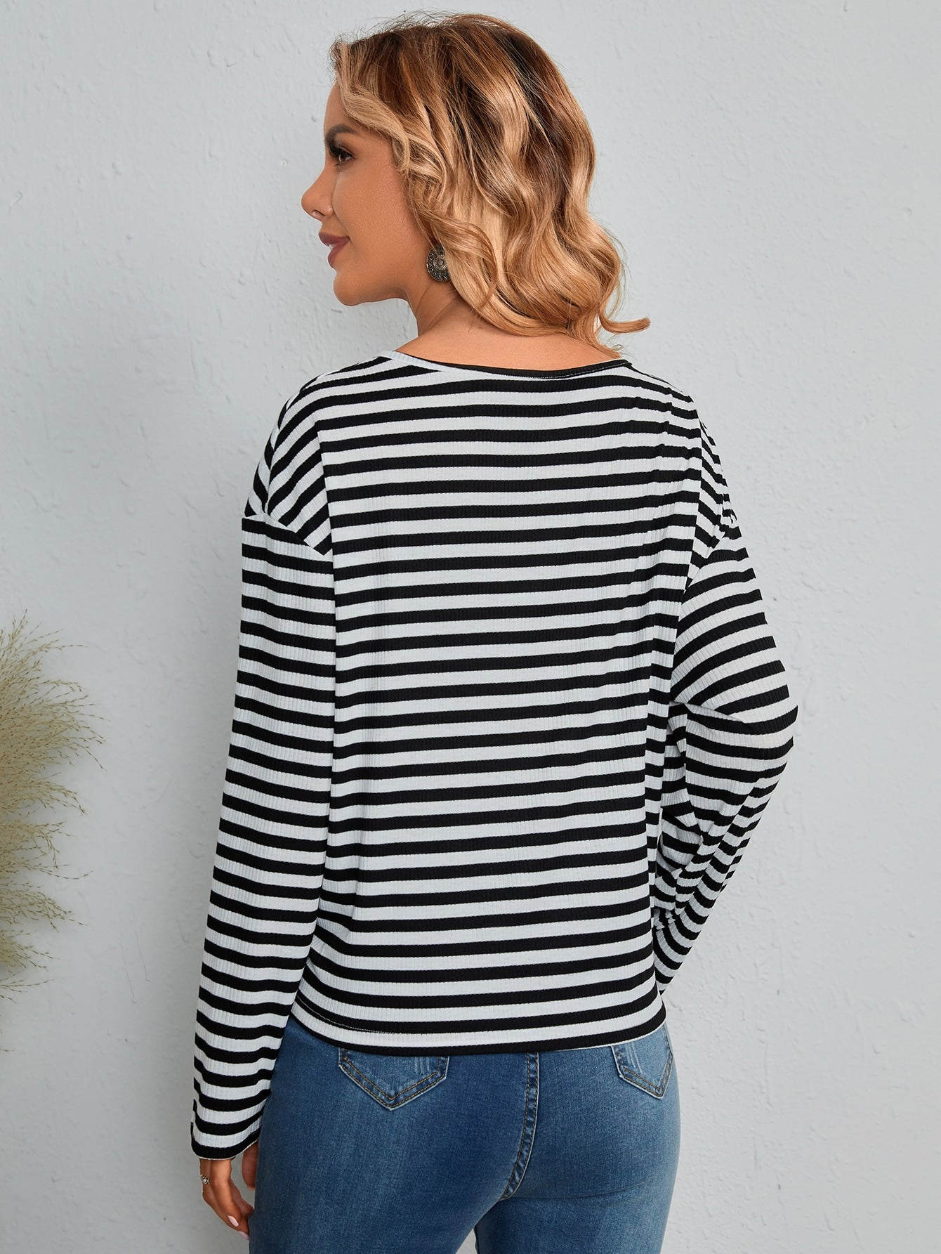 Drop Shoulder Tie Front Striped Tee