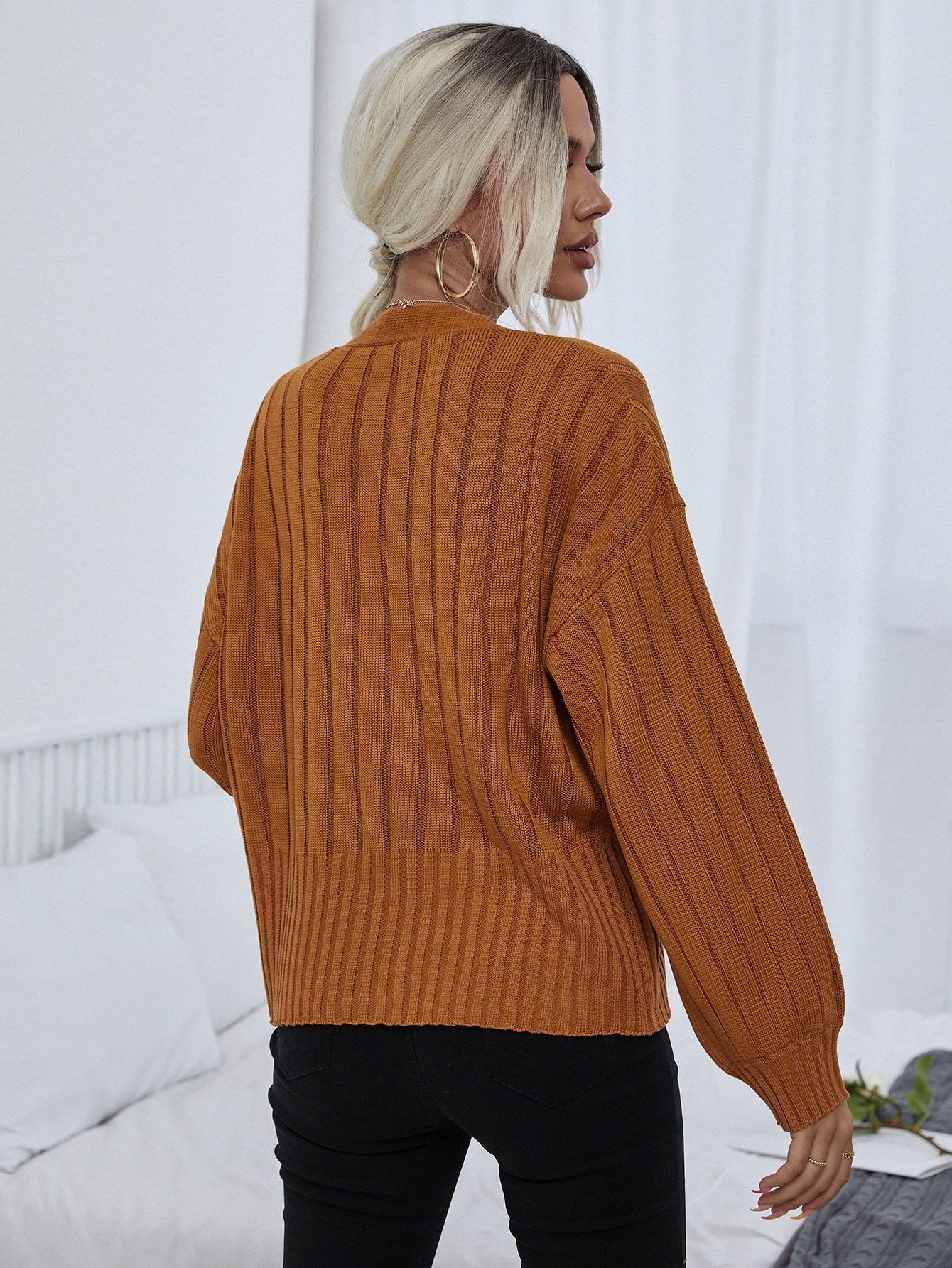 Rib Knit Button Front Drop Shoulder Cardigan