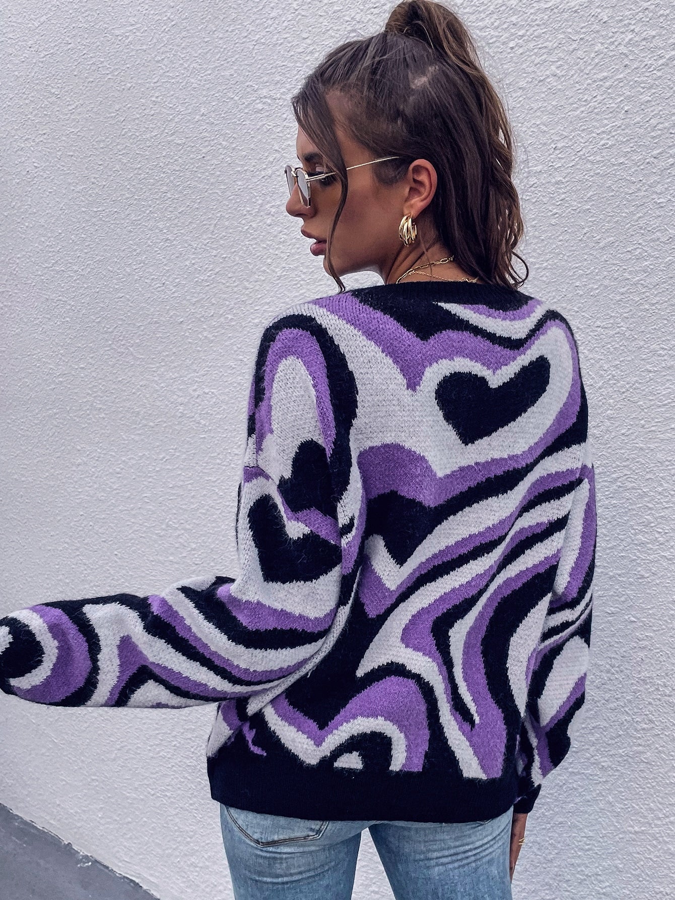 Drop Shoulder Marble Pattern Sweater