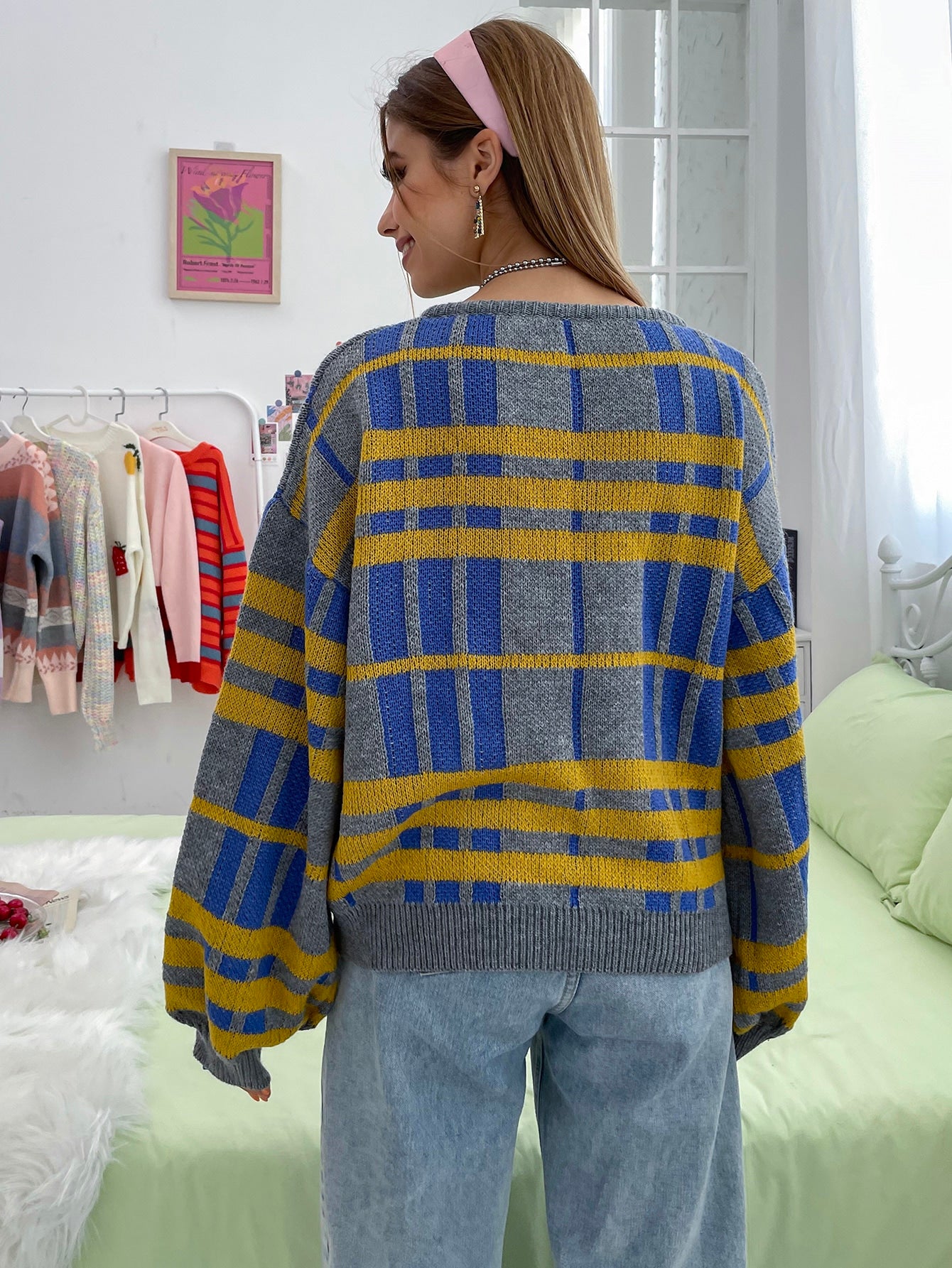 Drop Shoulder Lantern Sleeve Plaid Pattern Sweater