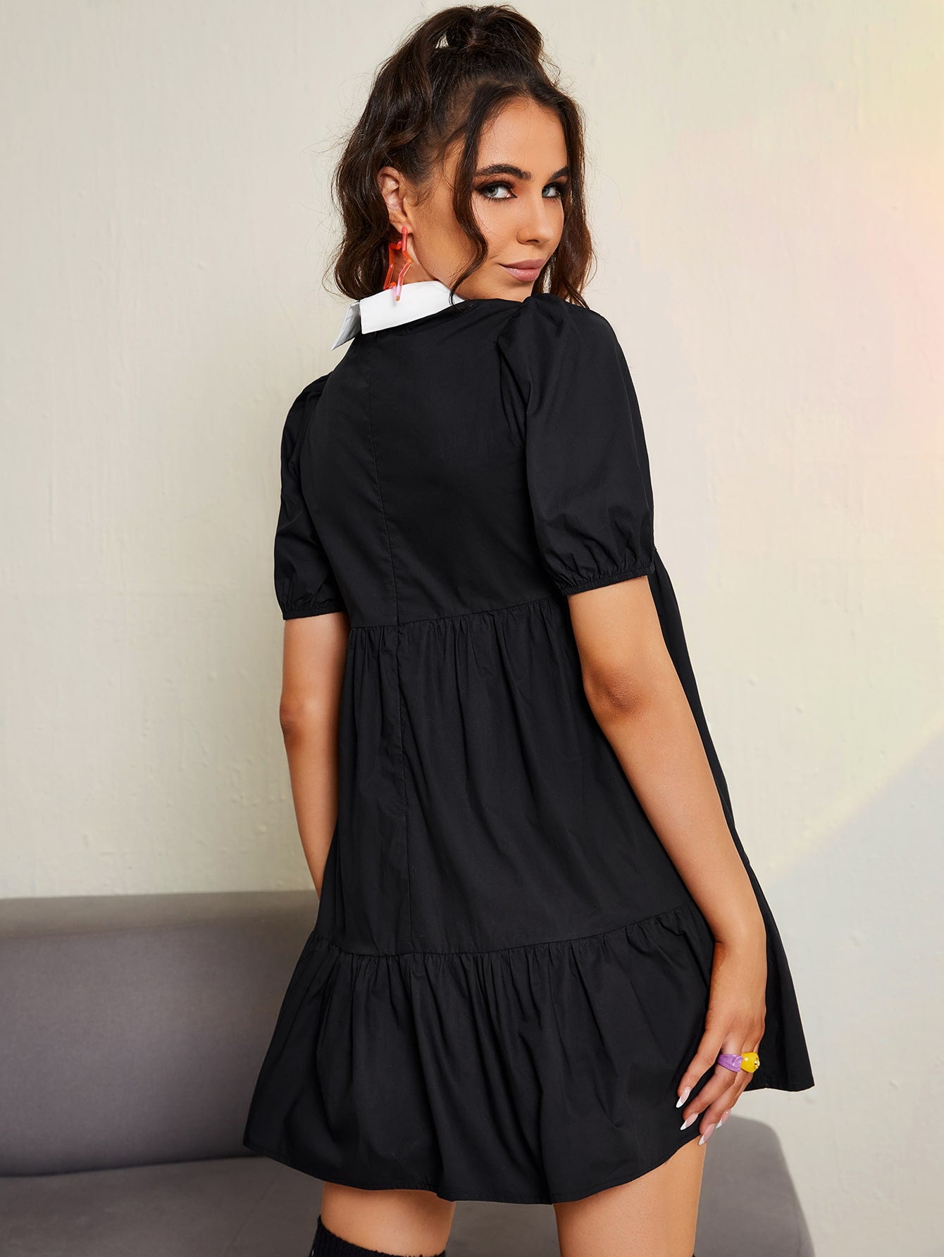 Peter Pan Collar Puff Sleeve Smock Dress