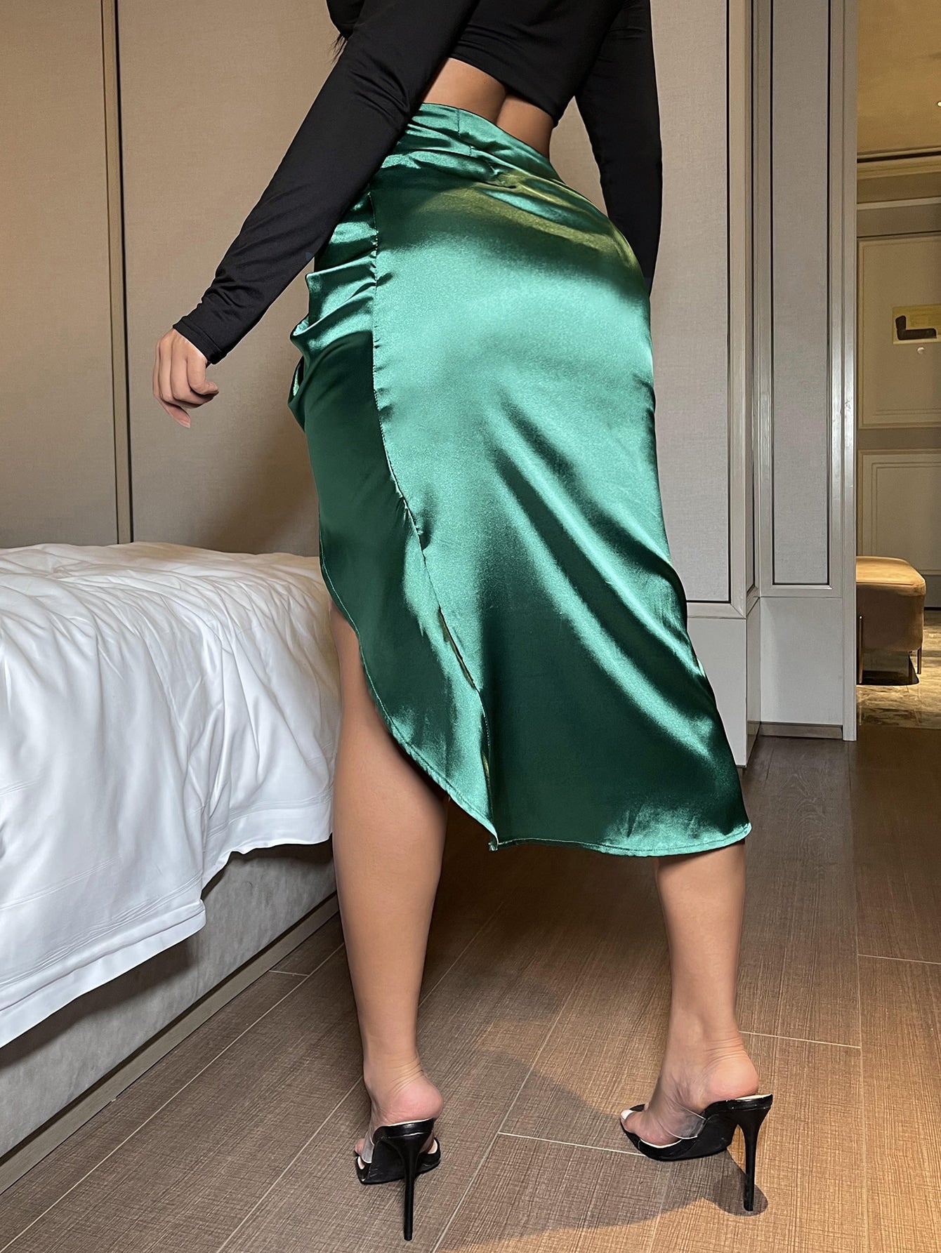 Split Thigh Ruched Satin Skirt