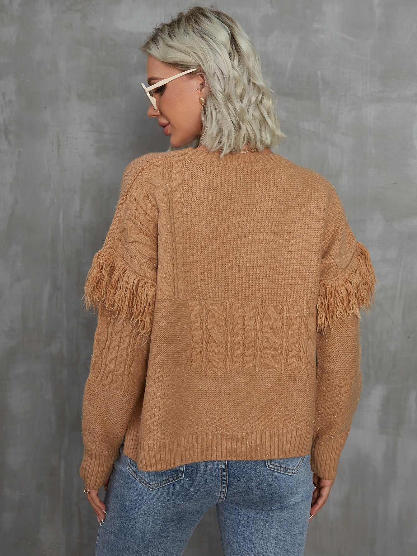 Cable Knit Drop Shoulder Fringe Trim Sweater