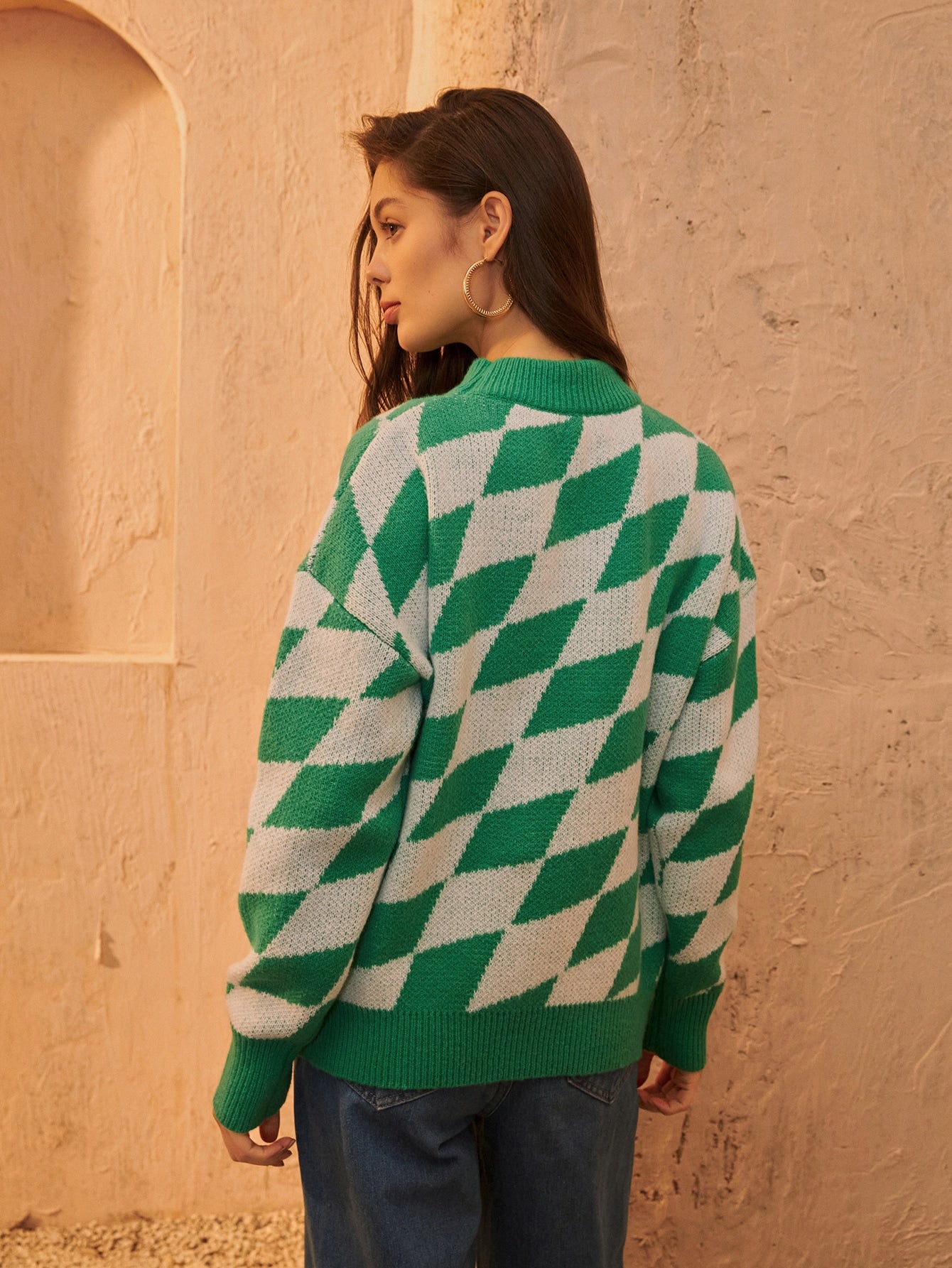 Argyle Pattern Textured Drop Shoulder Sweater