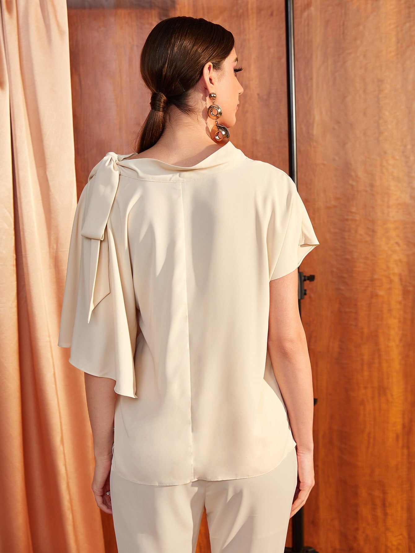 Knot Shoulder Asymmetrical Batwing Sleeve Top