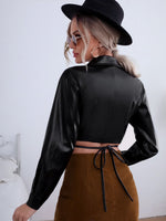 PU Leather Tie Back Crop Blouse