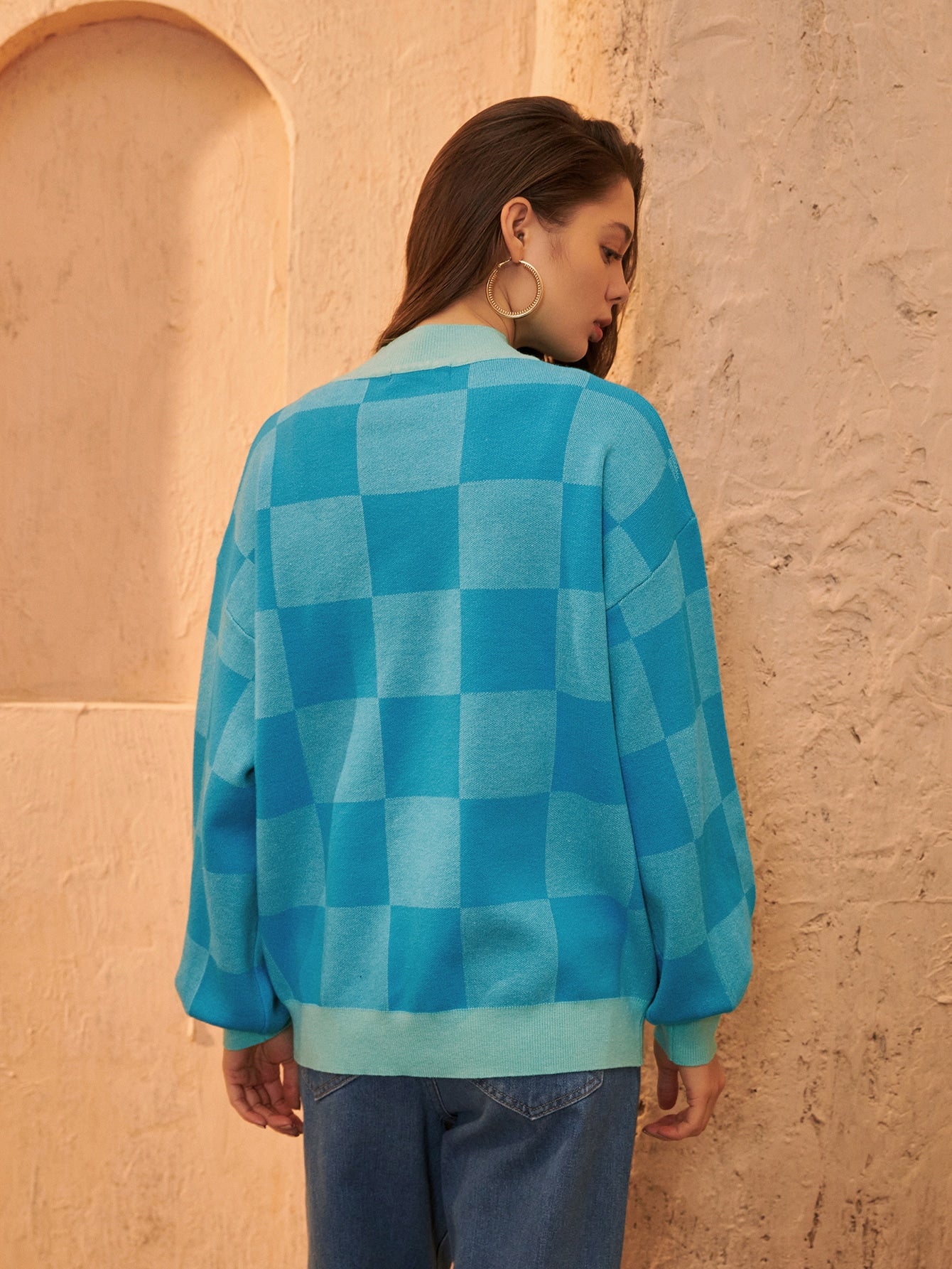 Checker Pattern Drop Shoulder Sweater