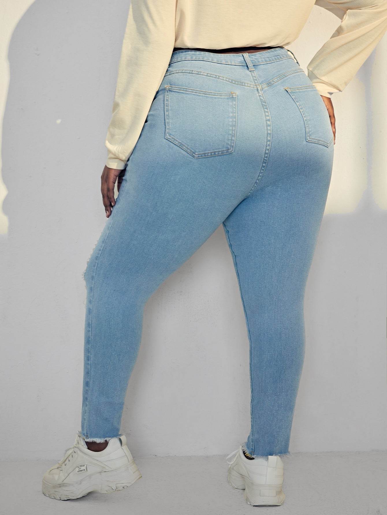 Plus High Waist Ladder Distressed Raw Trim Skinny Jeans