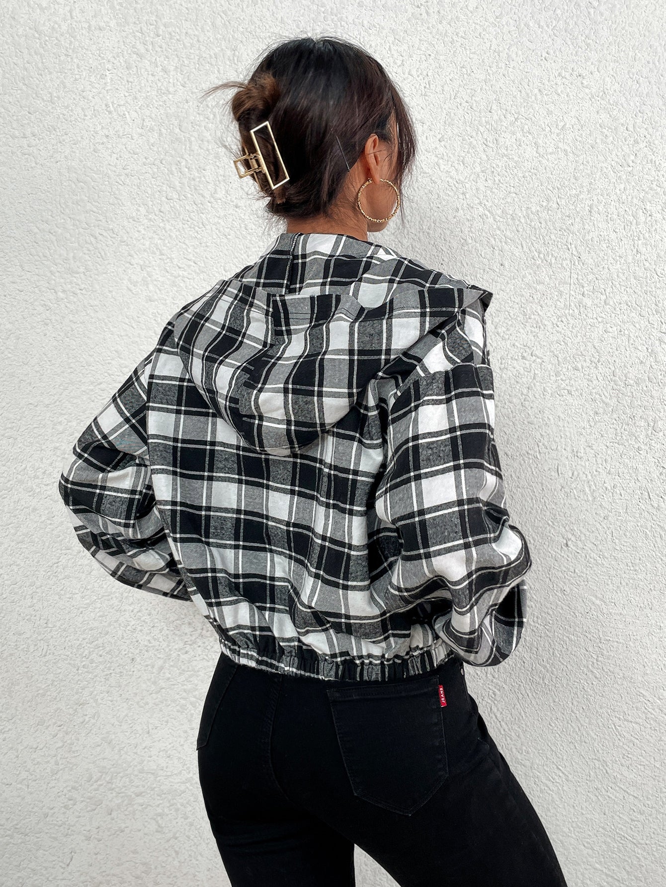 Plaid Drop Shoulder Hooded Jacket