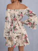 Off Shoulder Floral Print Trumpet Sleeve Dress