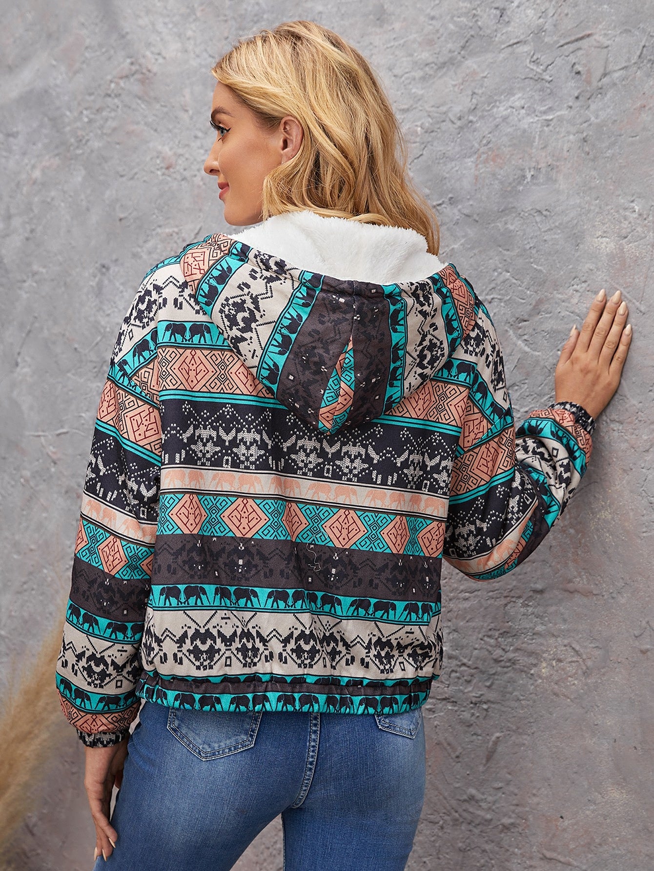 Elephant & Geo Print Zip Up Teddy Lined Hooded Jacket