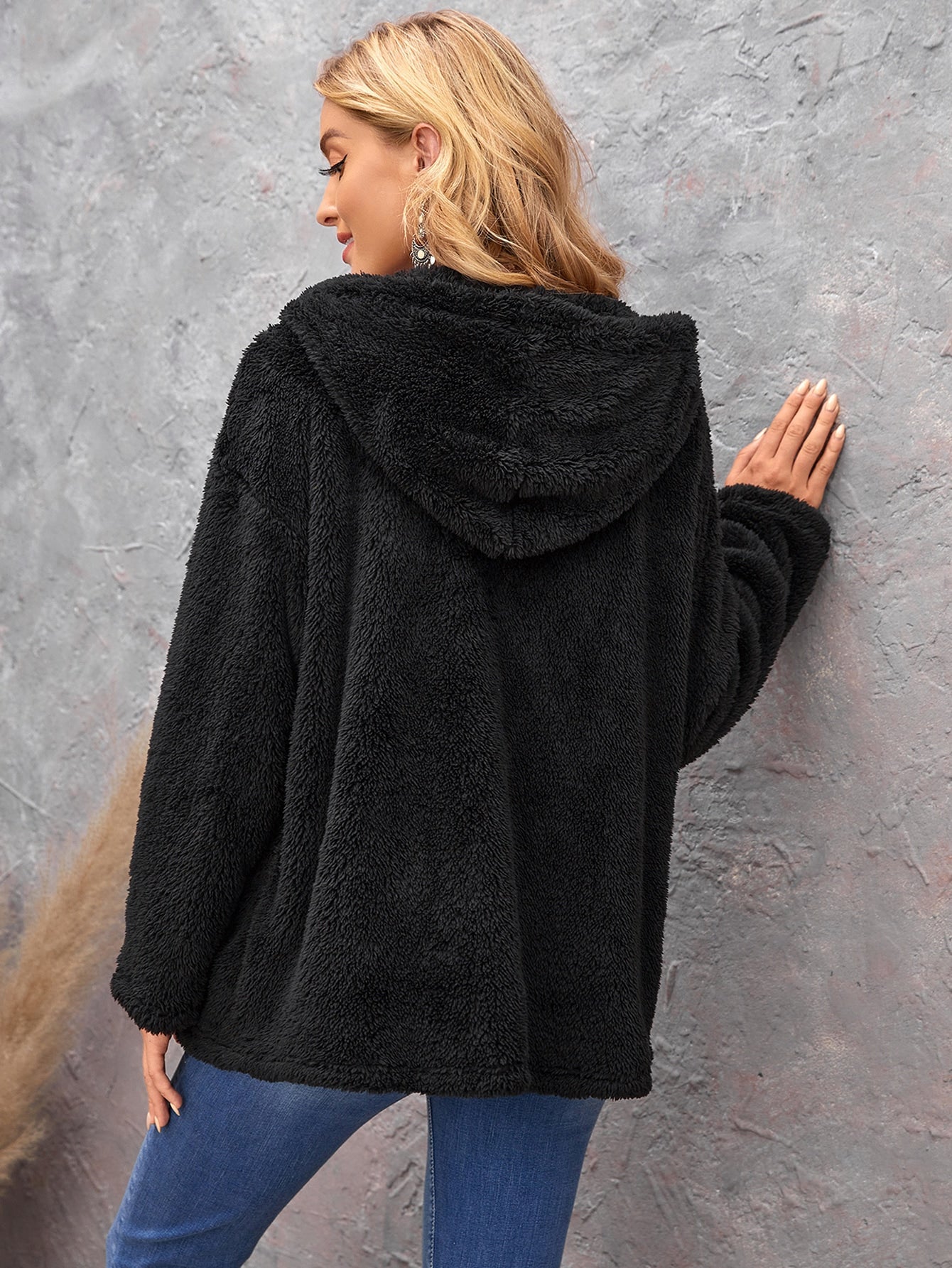 O-ring Zip Front Drop Shoulder Drawstring Hooded Teddy Jacket