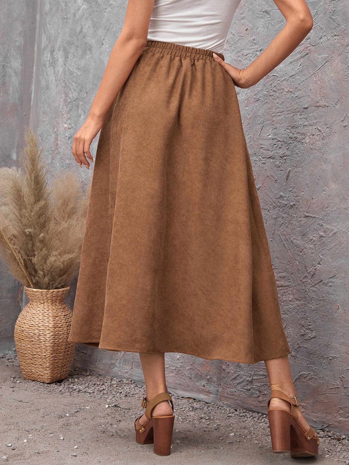 Solid Button Detail Corduroy Skirt