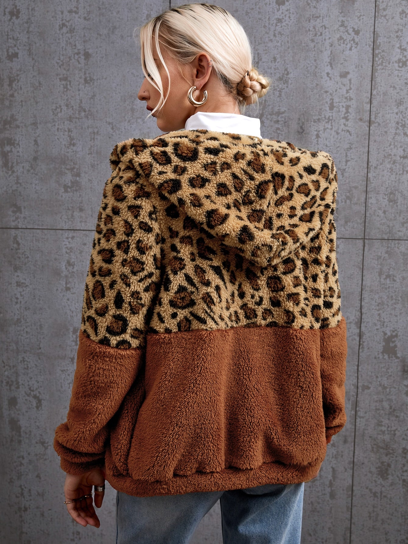 Contrast Cheetah Zip Up Hooded Teddy Jacket