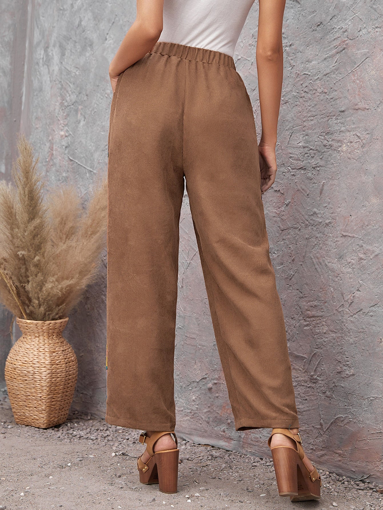 Paisley & Floral Print Corduroy Straight Leg Pants