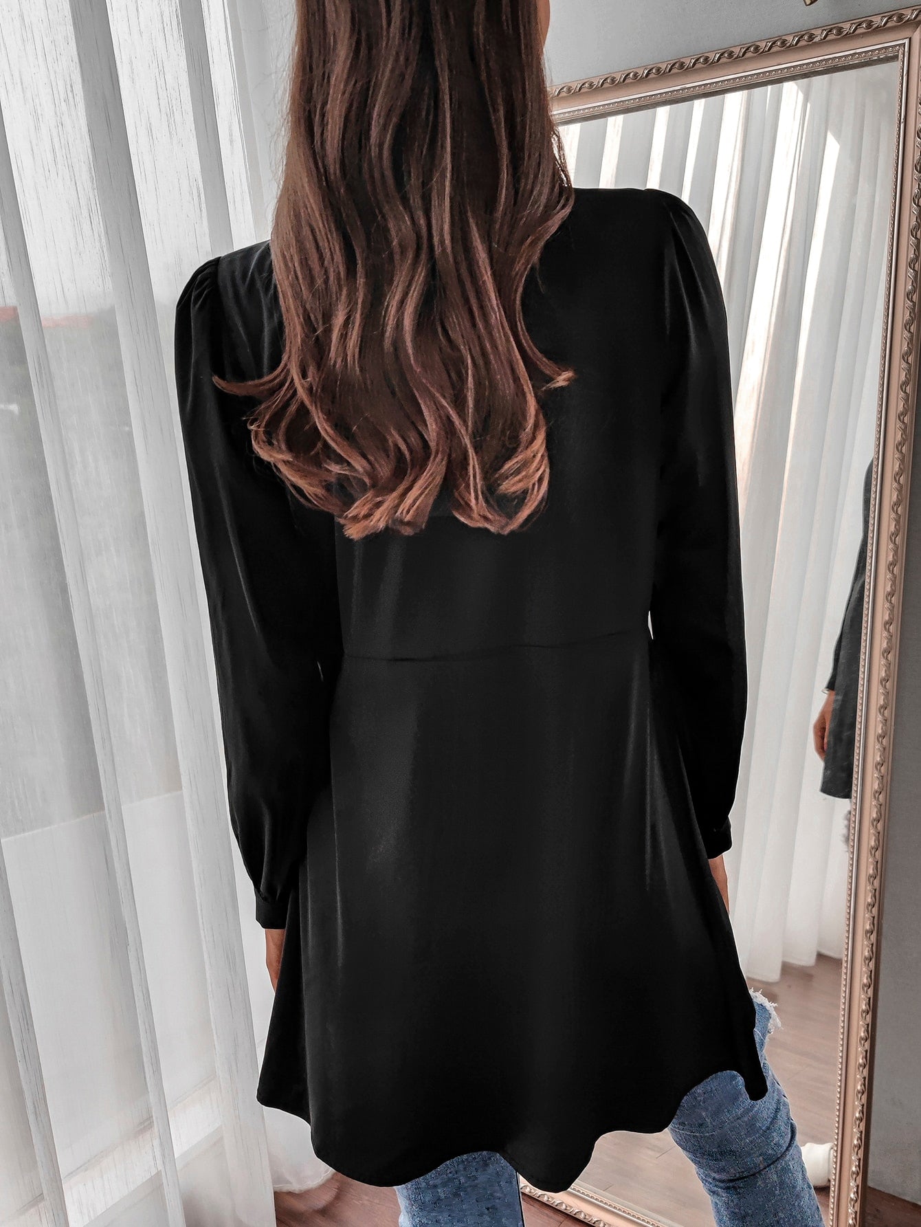Shawl Collar Puff Sleeve Satin Coat