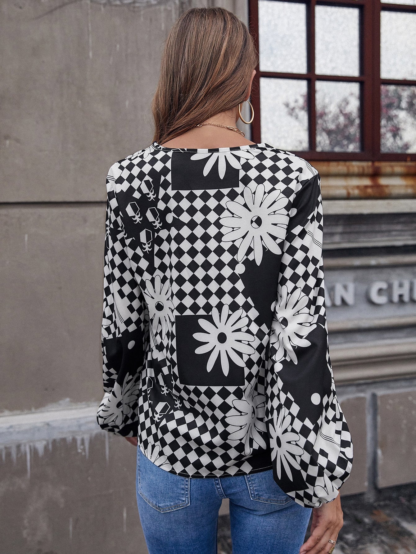 Checkerboard And Floral Bishop Sleeve Blouse