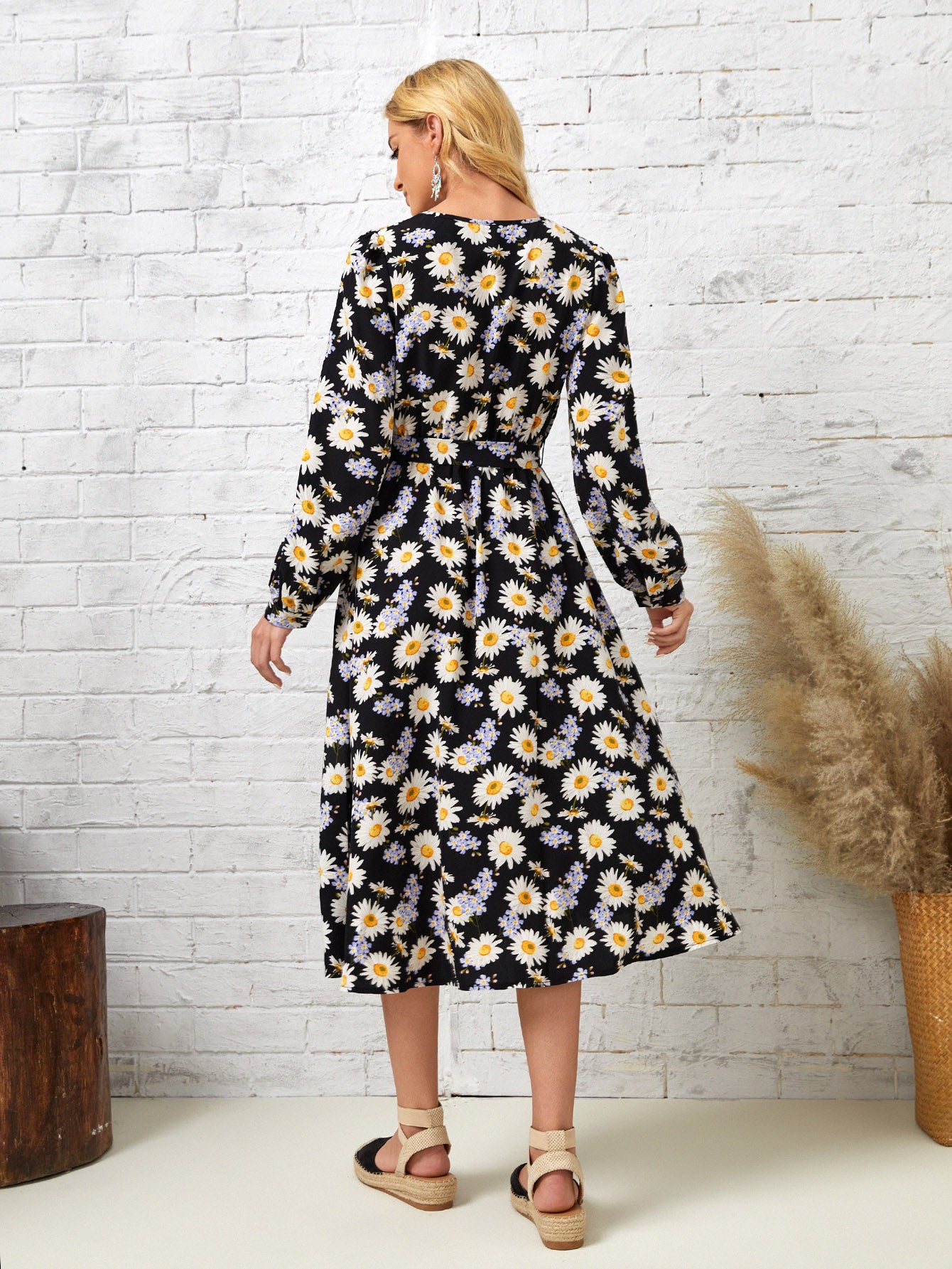 Allover Floral Print Lantern Sleeve Belted Dress