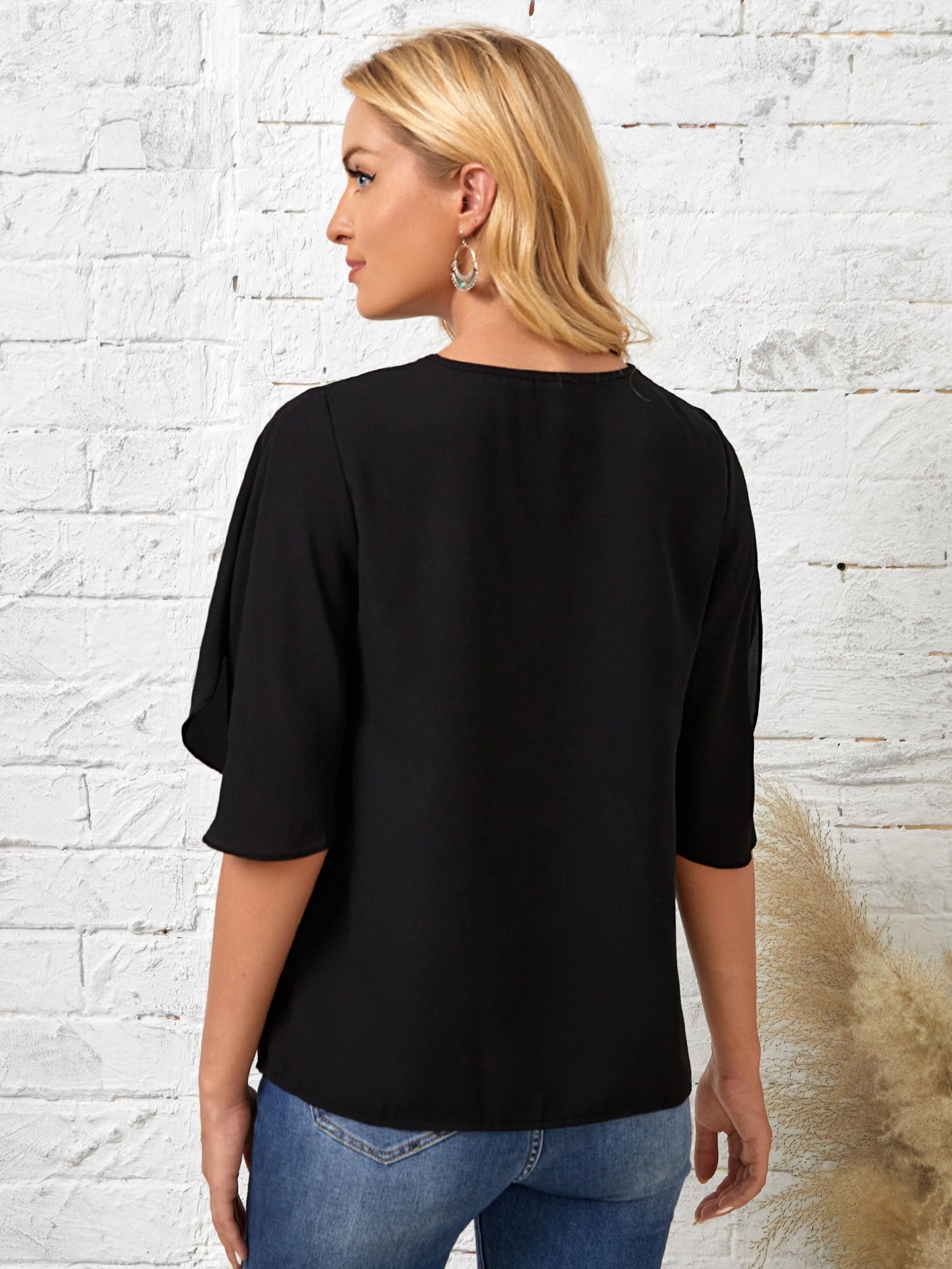 Cutout V-neck Flutter Sleeve Top